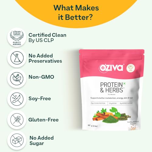 Image of OZiva Protein & Herbs for Women (Vanilla Almond) I Manage Weight, Energy & Metabolism | Clean Protein, Shatavari, Green Tea I No Added Sugar, 2lbs with Shaker
