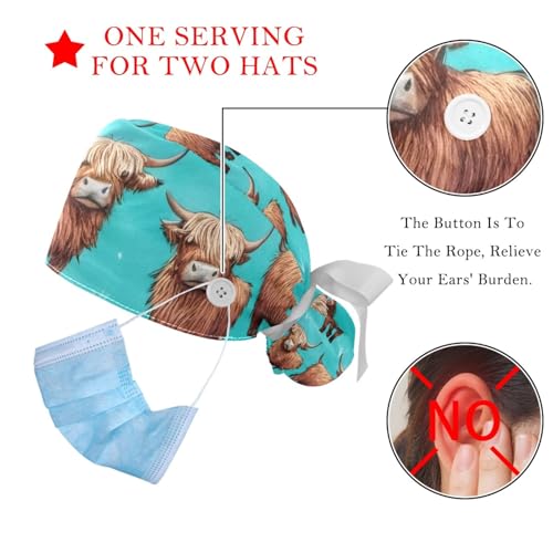 Image of 2 PCS Bouffant Cap with Button Ponytail Pouch Working Cap Sweatband Adjustable Surgical Cap Black and White Cow