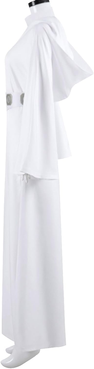 Women Princess Costume White Hooded Long Dress Robe with Belt Halloween Cosplay Party Outfit
