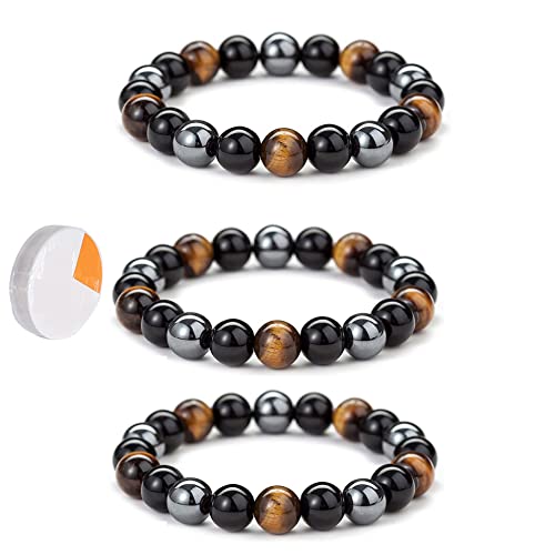 Armband mit Dreifachem Schutz, 3 Stück Schwarzer Obsidian Tigerauge Stein Hämatit Armband, Natürliches Tigerauge-Armband Viel Glück Armband Geschenk für ihn Freund Ehemann Vater (3 Sätze) Cover