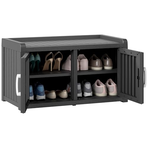 NBYSGO 2-Tier Storage Bench Waterproof UV-Resistant Outdoor Shoe Storage Cabinet with 2 Doors & Adjustable Shelves for Indoor Outdoor Entryway Hallway Living Room (Black)