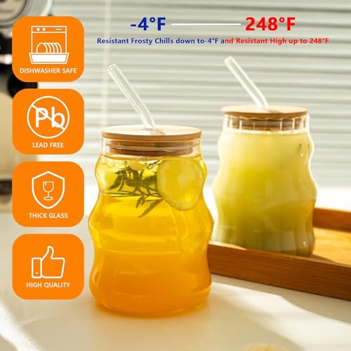 Image of Glass Mug with Bamboo Lid and Straw, 510ml, for Cold Drinks, Smoothies, Coffee(Pack of 1) (Can Shape Drinking Glasses with Wooden Lid)