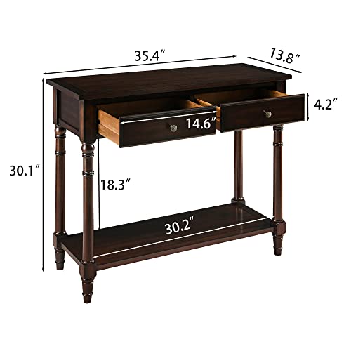 Solid Wood Console Entry Table With 2 Drawers, Accent Table With Storage Shelf, Narrow Sofa Side Table For Living Room,Blank Wall, 35.4”L X 30.1”H X 13.8”W Easy Assembly Vintage Walnut Sfz004Dc #TOP3