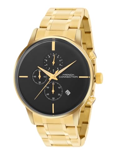 Image of French Connection Black Embossed Round Dial with Gold Stainless Steel Strap Chronograph Watch for Mens - FCO5GM