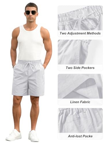 Image of RQP Mens Cotton Linen Shorts Casual Drawstring 7inch Inseam Shorts Stretch Summer Beach Wear
