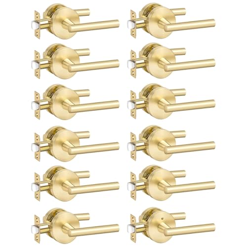 Image of Goldenwarm 12 Pack Gold Passage Door Handles, Closet Door Lever Brushed Gold Interior Door Handle for Hall and Closet, Zinc-Alloy Heavy Duty DoorHandles Reversible(no Lock)