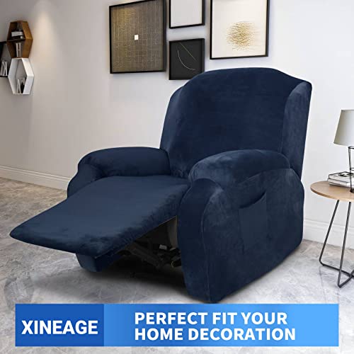 XINEAGE 4 Pieces Velvet Recliner Slipcover Stretch Recliner Chair Cover with Side Pocket Anti-Slip Fitted Recliner Cover Couch Furniture Protector with Elastic Bottom (Recliner - Image 2