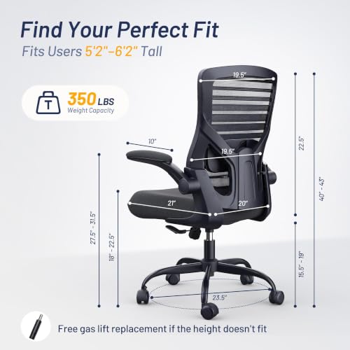Image of Office Desk Chair for Long Hours & Lower Back Pain Relief - 4 inch Thick Molded Foam Cushion, Enhanced Lumbar Support, Padded Flip-up Armrests, Ideal for Office or Study, Black