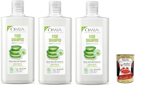 Omia, Fisio Eco Bio Shampoo, Mit Aloe Vera, für normale Haare, Feuchtigkeit und Balancing, geeignet für häufige Verwendung, ohne Silikone, 3x 200 ml + Italian Gourmet polpa 400g