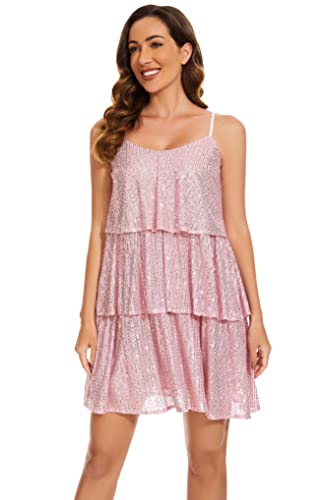 Women's Glitter Sequin Dress Adjustable Spaghetti Strap V Neck Fashion Sparkle Layered Evening Party Dress4
