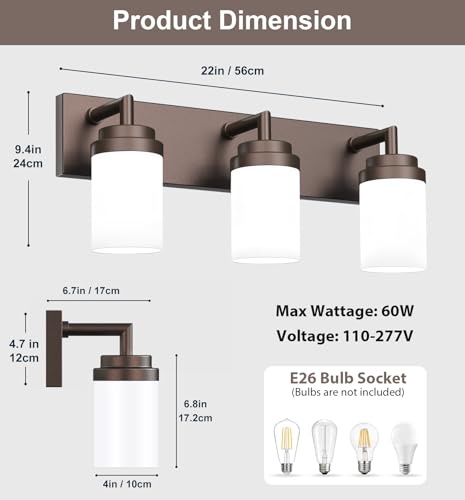 Image of Bathroom Light Fixtures, Oil Rubbed Bronze Bathroom Lighting Fixtures Over Mirror, Modern Vanity Light with White Glass Shade, Restroom Lighting Fixtures, 3-Light 22-inch