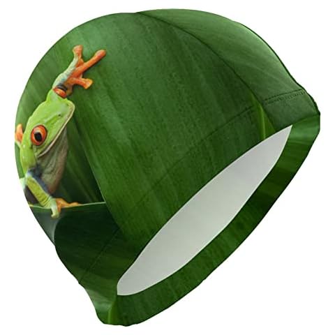Dallonan Swimming Cap Green Frog Leaf Jungle Adult Swim Cap Polyester Cover