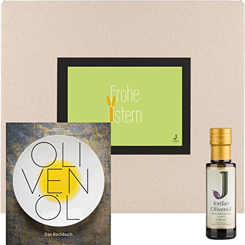 Jordan Aceite de oliva - Caja de regalo de Pascua con tarjeta de felicitación 1 - con aceite de oliva Jordan Nativ Extra 100 ml y aceite de oliva El libro de cocina Cover