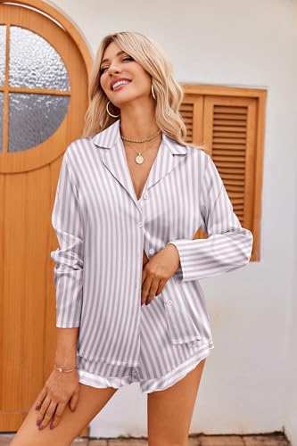 Image of Ekouaer Womens Satin Pajama Sets Cute Button Down Silk Pjs with Ruffle