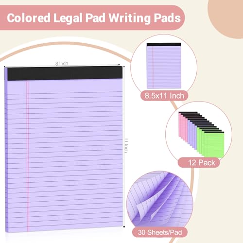 Image of Legal Pads 8.5 x 11 Colored Notepad, 12 Pack Wide Ruled Lined Paper | Micro Perforated Writing Pads 8.5 x 11, 30 Sheet /Note Pads, Pink Legal Pad 8.5 x 11 Notebook Colored Paper Tablet for School