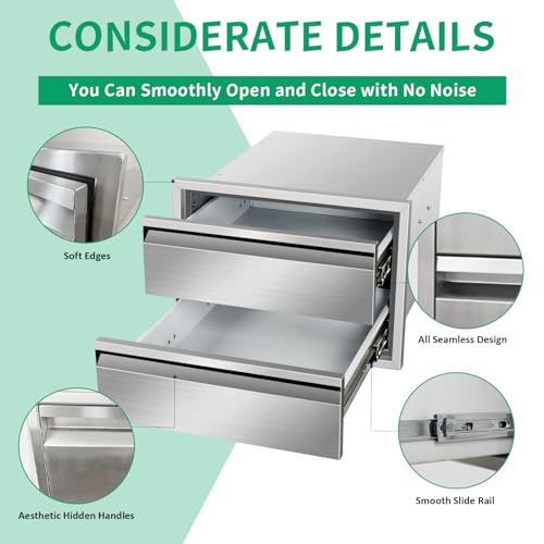 Image of Outdoor Kitchen Drawers 18 inch W x 13 inch H x 21 inch D Stainless Steel Double Drawers with Hidden Handle for BBQ Island, Patio Grill Station & Outdoor Kitchen Cabinets