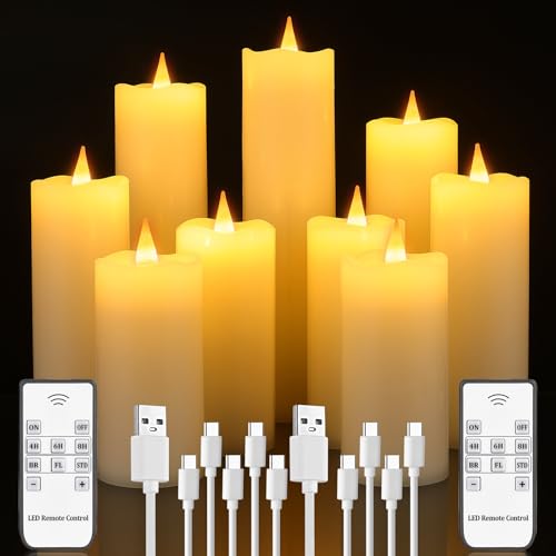 COSYIKER Rechargeable Flameless Candles with Remote and Timer 9-Pack Flickering LED USBC Pillar Candles Coated with Real Wax for Halloween Christmas Home Wedding & Holiday Decor (Six Sizes White)