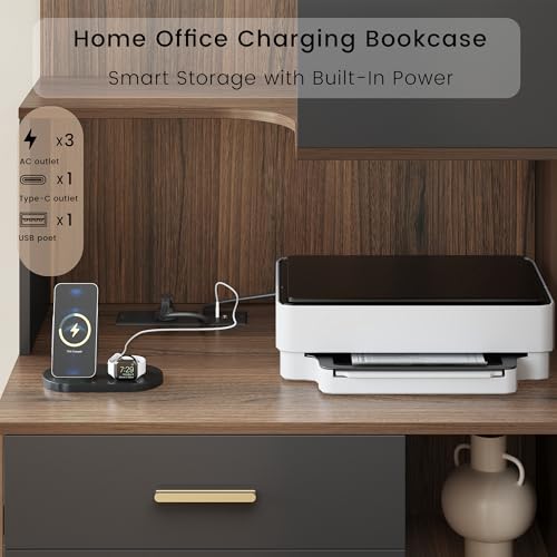 Image of ModernMate 74.4 inch Corner Bookshelf with 3 Drawers and Storage, Power Outlet