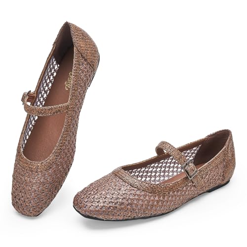 Image of Trary Mary Jane Shoes Women Woven Flats for Women Dressy Ballet Flats Squared Toe Mary Jane Flats Shoes