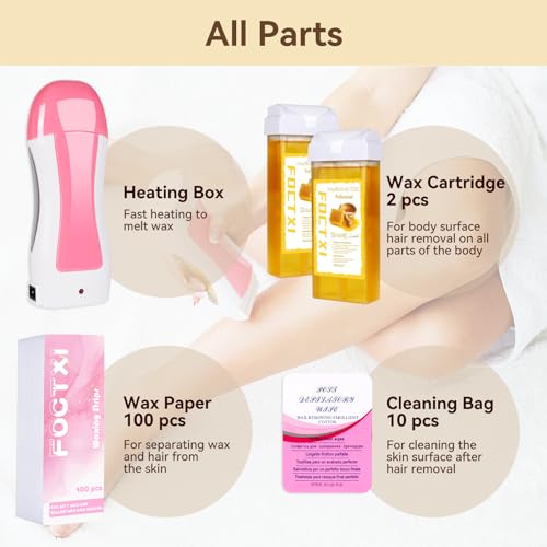 Image of Roll On Waxing Kit for Sensitive Skin - Hair Removal with 2 Honey Soft Wax Cartridges and 100 Non-Woven Wax Strips, 10 Wipes