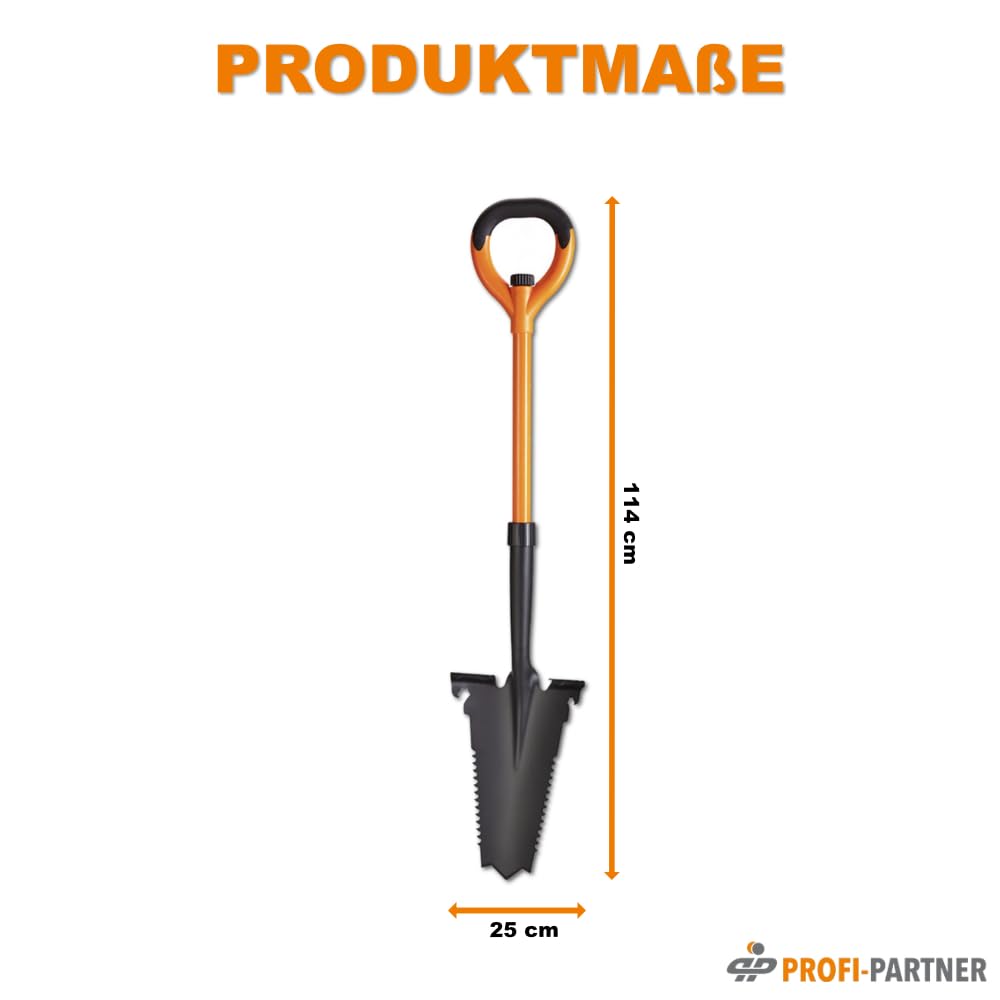 Spaten mit Wurzelsäge - Spitze aus Karbonstahl mit scharfen Zähnen, Griff aus Fieberglas, Integrierter Maulschlüssel & Flaschenöffner, 114 cm, Zerlegbar, Orange und Schwarz