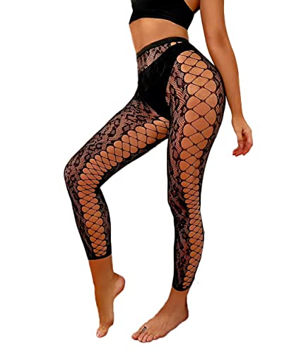 LUCKELF Footless Fishnet Stockings Patterned High Waist Tights Leopard Print Lingerie Side Cut Out