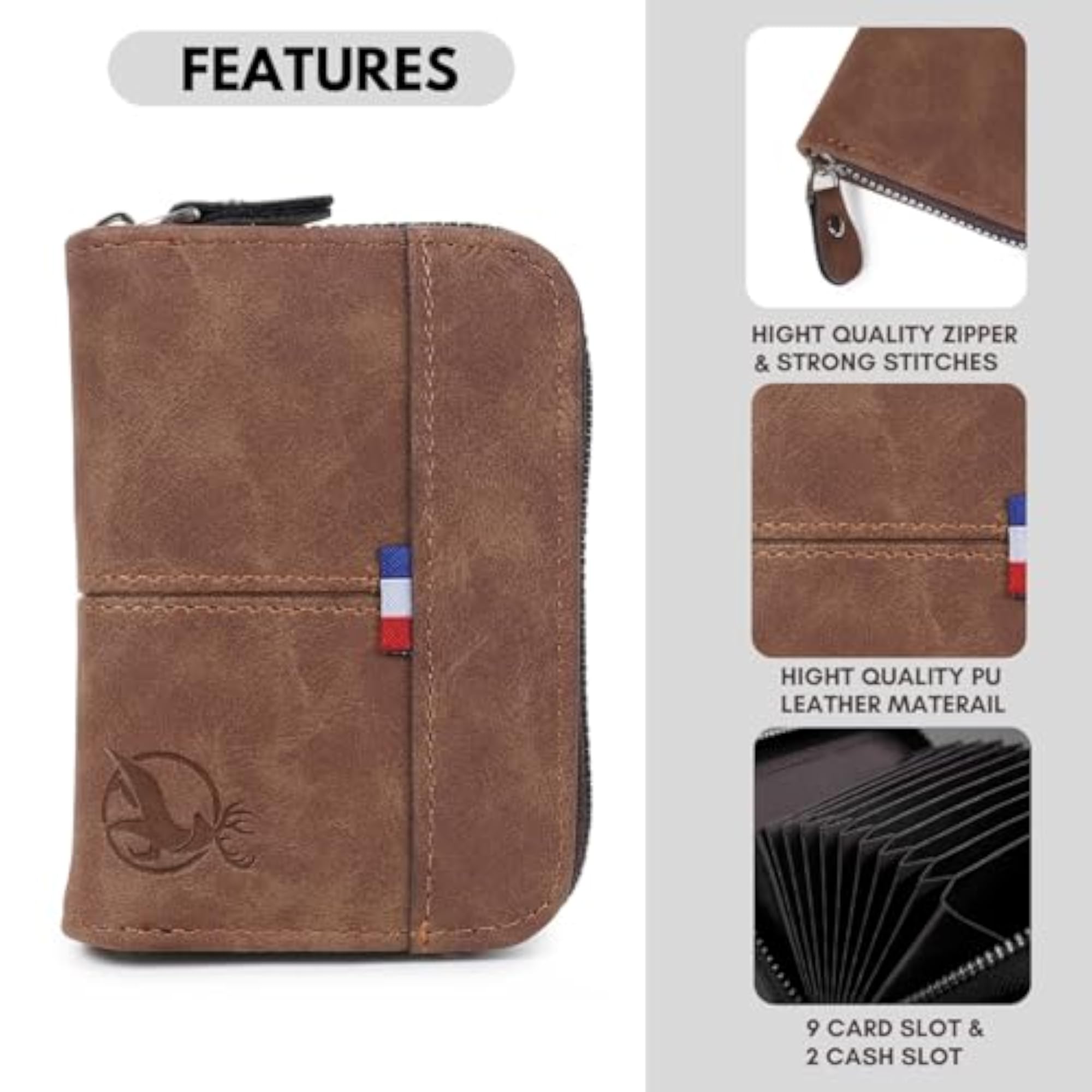 PU Leather Zipper Card Holder with 9 Card Slots