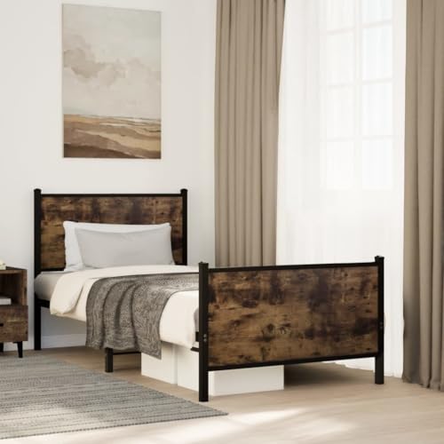 Bucmath Marco de cama de metal, 90 x 200 cm, aspecto ahumado, dormitorio, marco de acero estable, sin colchón, espacio de almacenamiento adicional, diseño moderno