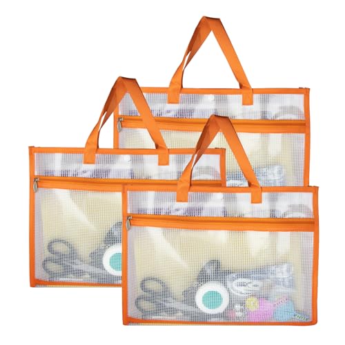 Image of 3 Pcs Portable Project Bags for Quilting Knitting, Stitching and Embroidery Projects Storage, Sew Project Bag with Zipper and Double Pockets, Transparent Mesh Sewing Project Bag for Crafter