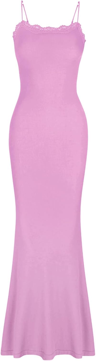 REORIA Women's Summer Lace Slip Lounge Long Dress Sexy Casual Elegant Backless Ribbed Bodycon Maxi Dresses - Image 5