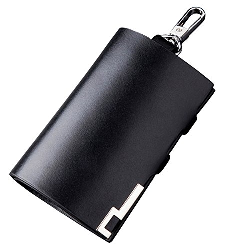 Preisvergleich Produktbild Panegy Wasserdicht Büffelleder Schlüsseletui mit 6 Schlüsselhaken und Einem Schlüsselring Schlüsseltasche mit Karbinerhaken - Schwarz
