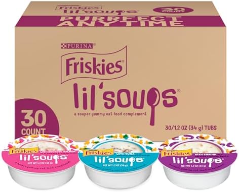 Purina Friskies Grain Free Wet Cat Food Lickable Cat Treats Variety Pack, Lil’ Soups With Salmon, Tuna or Shrimp – (Pack of 30) 1.2 oz. Cups