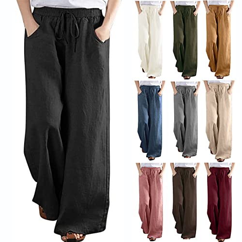 SMIDOW Palazzo Pants for Women Fashion 2023 Baggy Casual Wide Leg Flowy Pant Elastic High Waist Cotton Linen Trousers