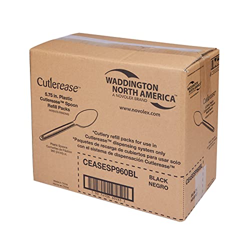 Image of WNA Cutlerease Black Plastic Spoon Refill, Bulk Pack of 960 Spoons, For Use With Cutlerease Dispensing System, Polystyrene Disposable Cutlery, Made in the USA