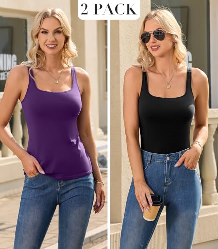 Image of V FOR CITY Non-Padded Shelf Bra Tank Top for Women Cotton Adjustable Wide Strap Camisole Basic Cami Shirts 2 Pack