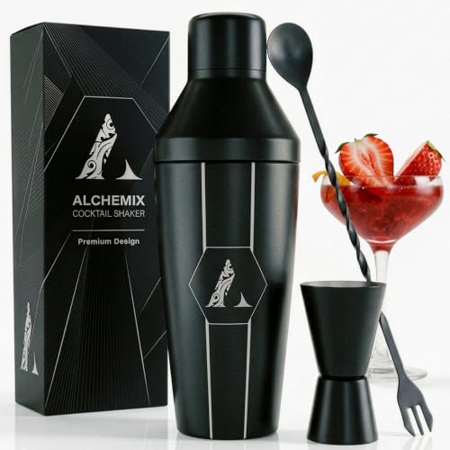 Alchemix Cocktail Shaker Set Large 750ML 5 Piece Stainless Steel Cocktail Making Kit With Strainer Jigger and Mixing Spoon Cocktail Set With Bar Accessories Gift Set
