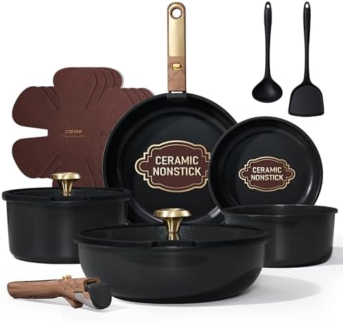 CAROTE 15Pcs Ceramic Cookware Set, Pots and Pans Set Non stick, K...