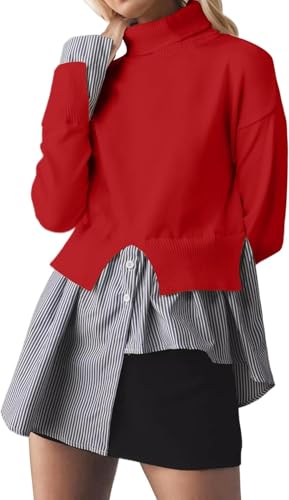 Image of Turtleneck Asymmetrical Sweaters for Women Patchwork 2 in 1 Pullover Knit Sweater Slit Button Down Shirt 2026 Fall
