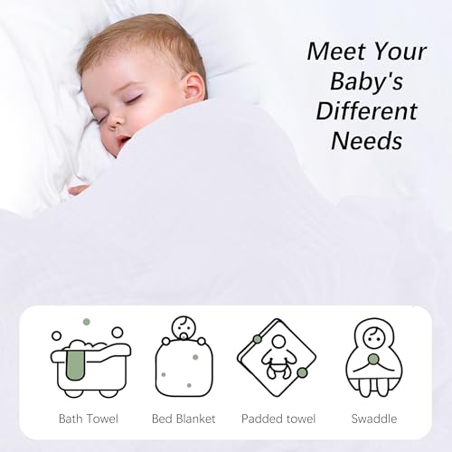 Image of SWEET DOLPHIN Muslin Baby Bath Towels Blanket - 2 Pack 100% Cotton Towel for Babies, Infants, Toddlers - 40x40Inch - Highly Absorbent, White