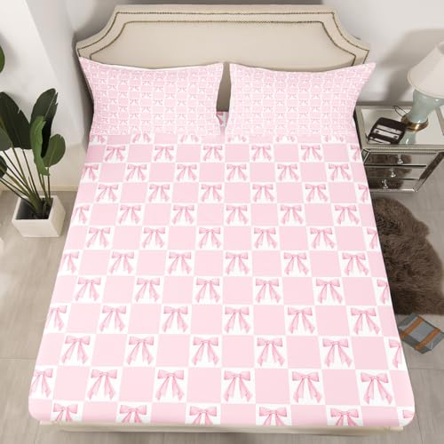 Pink Bowknot Fitted Sheet Dreamy Bow Minimalist Grids Plaids Bed Sheet Set for Kids Children Teens Princess Style Blue White Bed Cover (No Top Sheet) for Bedroom Decor,Twin Size