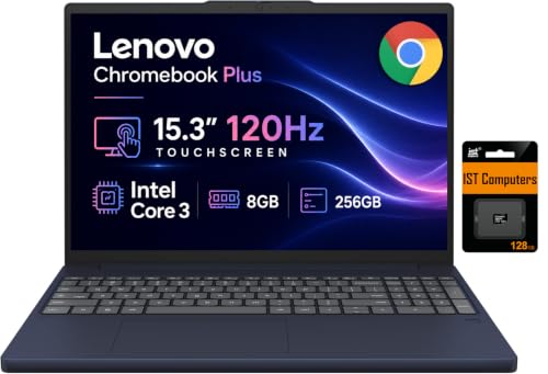 Image of Lenovo Chromebook Plus Laptop, 15.3 inch 120Hz Touchscreen, Intel Core 3 N355 | 8GB DDR5, 256GB Storage (128GB UFS + 128GB SD Card), FHD+ IPS, Anti-glare, 5MP Webcam, Business, Home, Students, Chrome OS