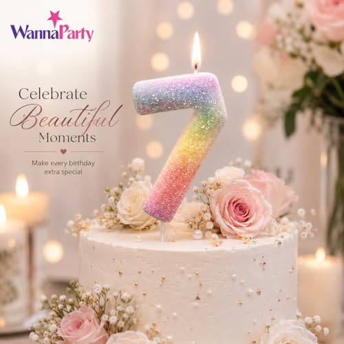Image of Wanna Party Glitter Colorful 7th Birthday Candle, Birthday Number 7 Cake Candle Cake Toppers for Girl Women, Glitter Colorful Themed Party Decorations Supplies Birthday Gifts