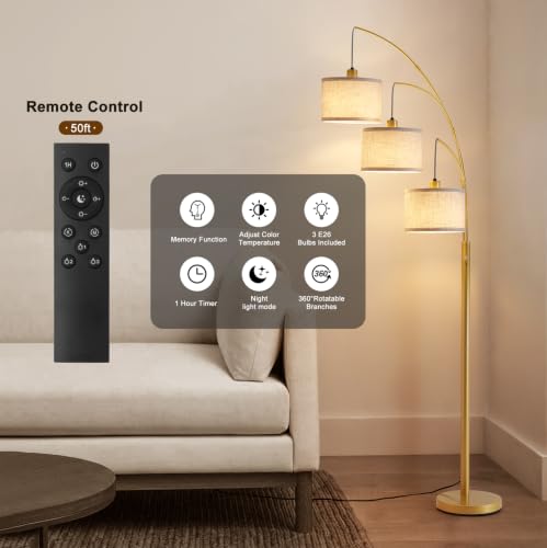 Image of Gold Floor Lamps for Living Room, Super Bright Arc Floor Lamp with Remote Control, 3 Light Tall Floor Lamps with Stepless Dimmable, 80 inch Mid Century Tree Floor Lamp for Bedroom, Office