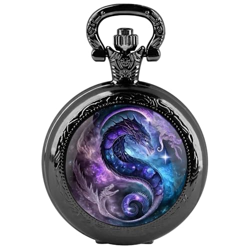 Image of Purple Dragon Design Glass Dome Exquisite Small Black Quartz Pocket Watch with Arabic Numerals Dial and Chain Ideal Gift for Any Occasion