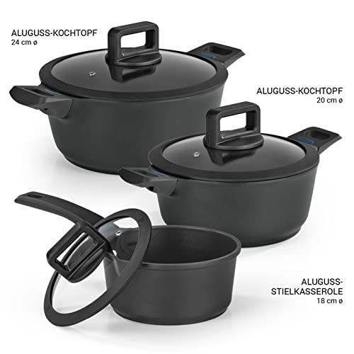 N8WERK Aluguss-Kochtopf-Set, 3x Kochtöpfe ⌀20, 24, 28 cm | Farbwechsel-Temperaturanzeige, Deckel mit Silikon-Umrandung, 3-fach Ilag Ultimate Versiegelung | Alle Herdarten – Bild 6