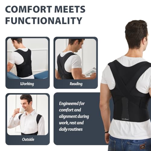 Image of HealthSense Medical-Grade Posture Corrector Belt for Men | Premium Back Support Belt for Back Pain Relief & Shoulder Alignment | Ergonomic Adjustable & Breathable Design with Anti-Tightening Comfort & Double Y Structure | PC-860 (Large)
