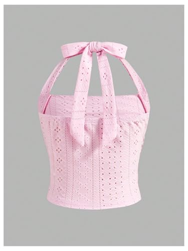 Image of Floerns Girl's Eyelet Embroidery Sleeveless Halter Vest Solid Ruched Crop Tank Top