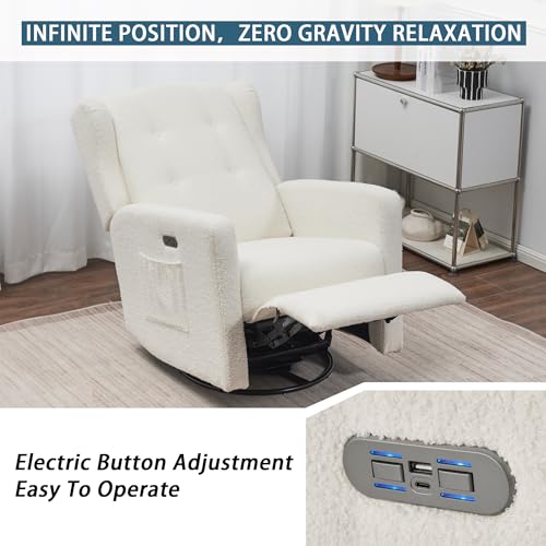 Image of Ketaiyou Power Swivel Rocking Recliner Chair, Electric Rocker Nursery Glider Chair, USB and Type-C Ports,Upholstered Teddy Fabric Reclining Single Sofa Chair for Living Room (Ted Beige)