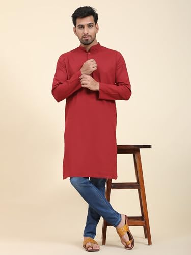 Image of SKAVIJ Men's Cotton Kurta Casual Long Shirt Regular Fit (XX-Large, Red)