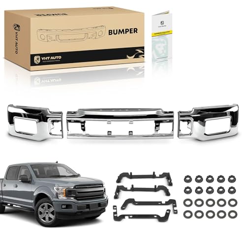Image of YHTAUTO Front Bumper Face Bar Compatible with Ford F-150 2018 2019 2020, Not Fit Raptor Model, with Fog Light Holes, Steel Chrome Bumper Replacement | 3 Piece Design, Not One|